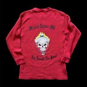 Vintage 90s Wicked Ryder MC Skull thermal Long Sleeve Shirt Harley Y2K flame